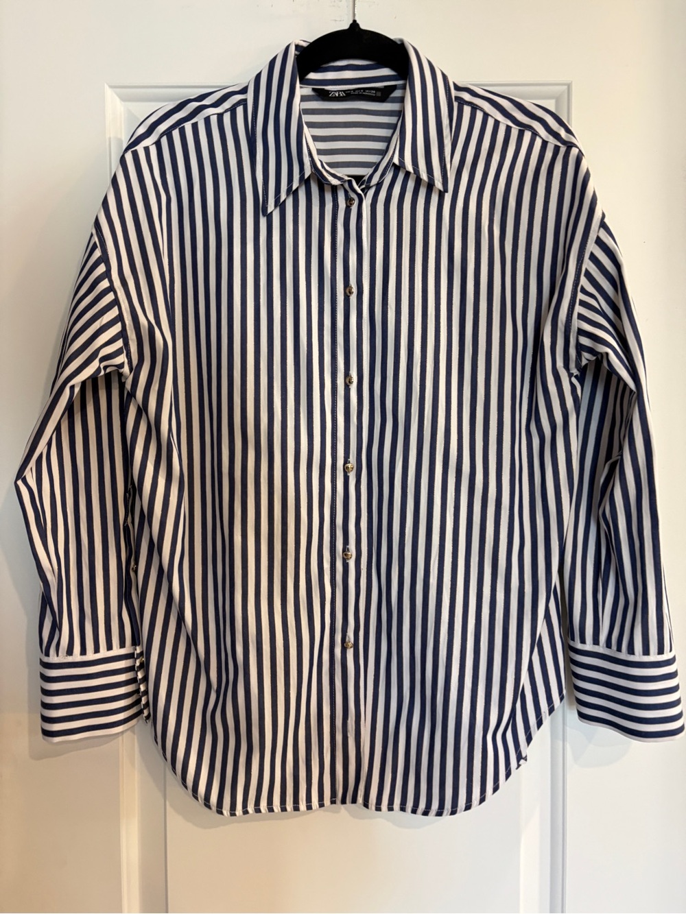Zara Womens Blue White Vertical Stripe Shirt Gold Button S
